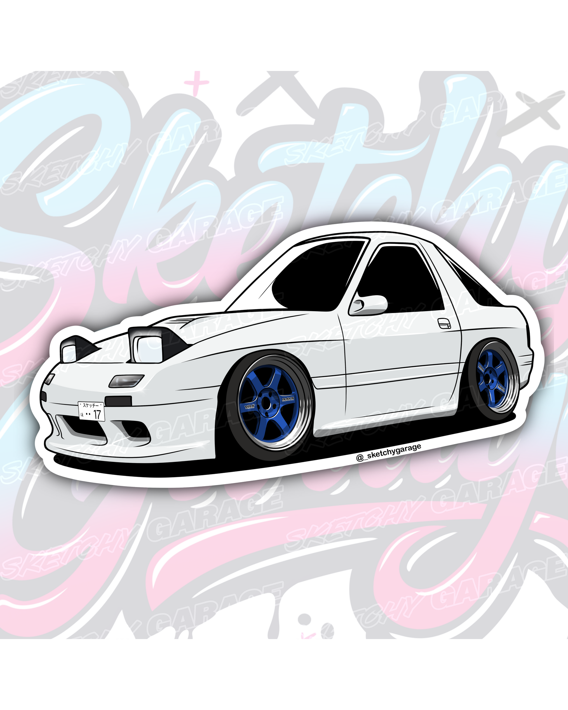Hand-drawn Mazda FC RX7 rotary vinyl sticker by Sketchy Garage