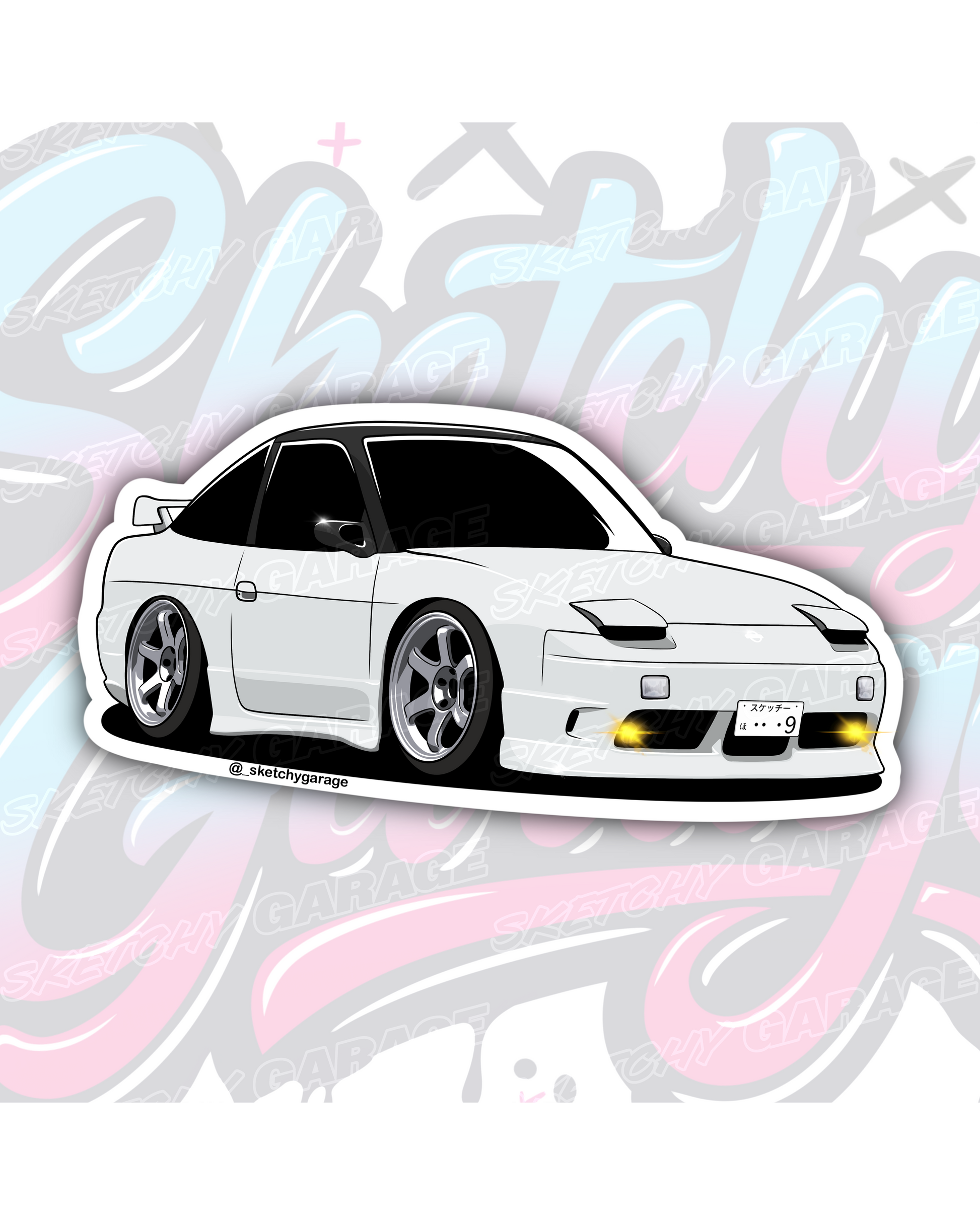 Hand-drawn Nissan 180SX drift car vinyl sticker by Sketchy Garage