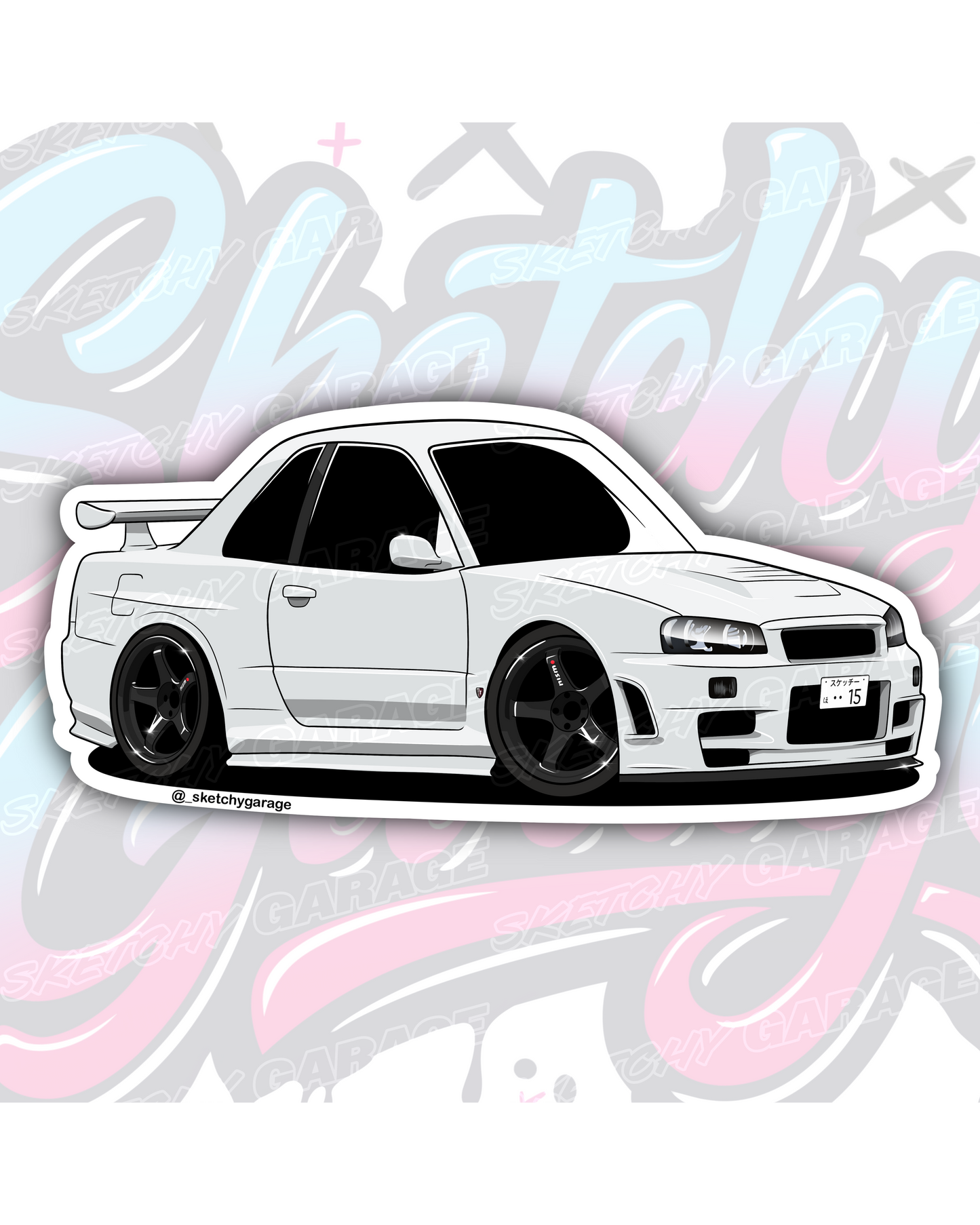 Hand-drawn Nissan R34 GTR Skyline vinyl sticker by Sketchy Garage