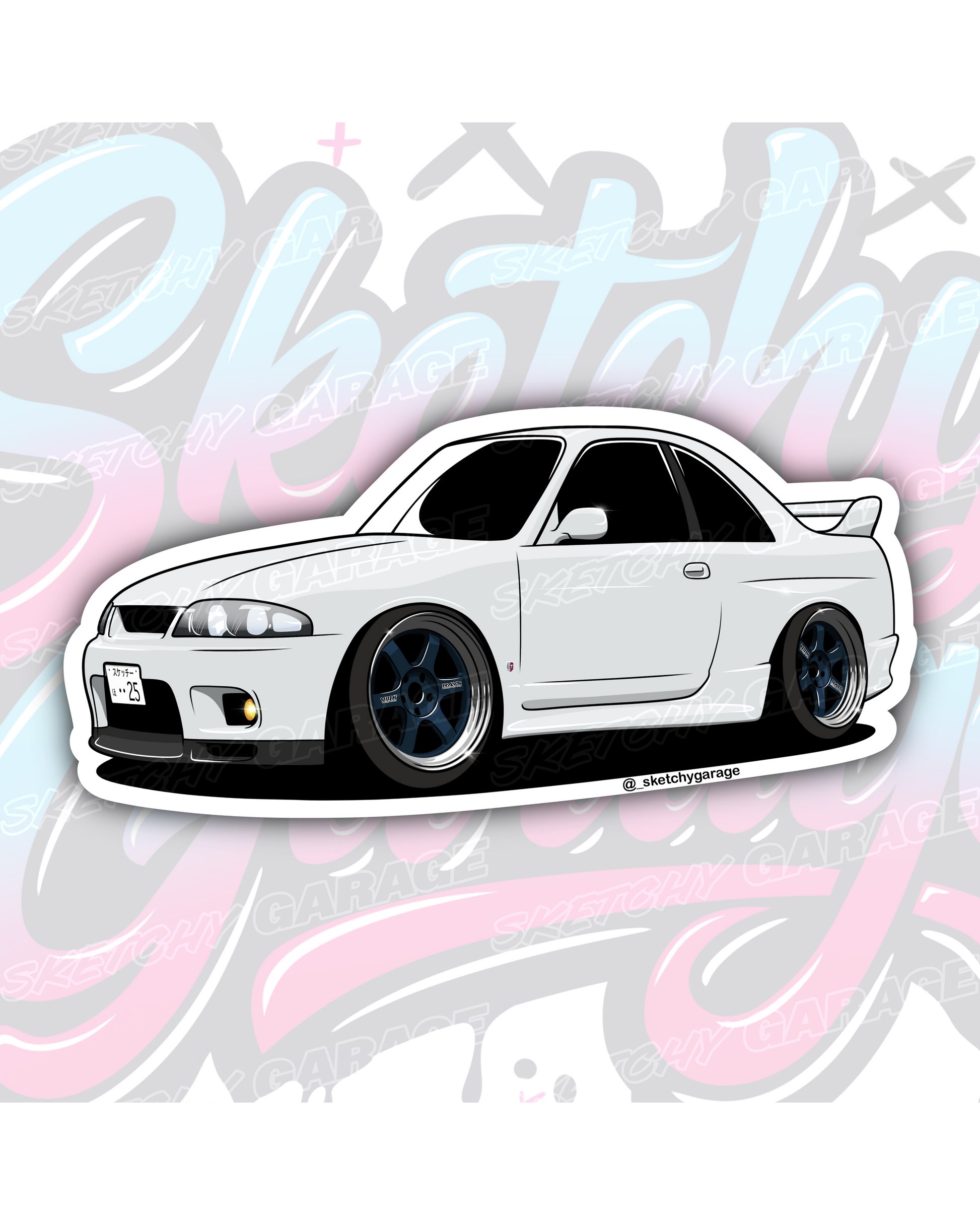 Hand-drawn Nissan R33 GTR Skyline vinyl sticker by Sketchy Garage