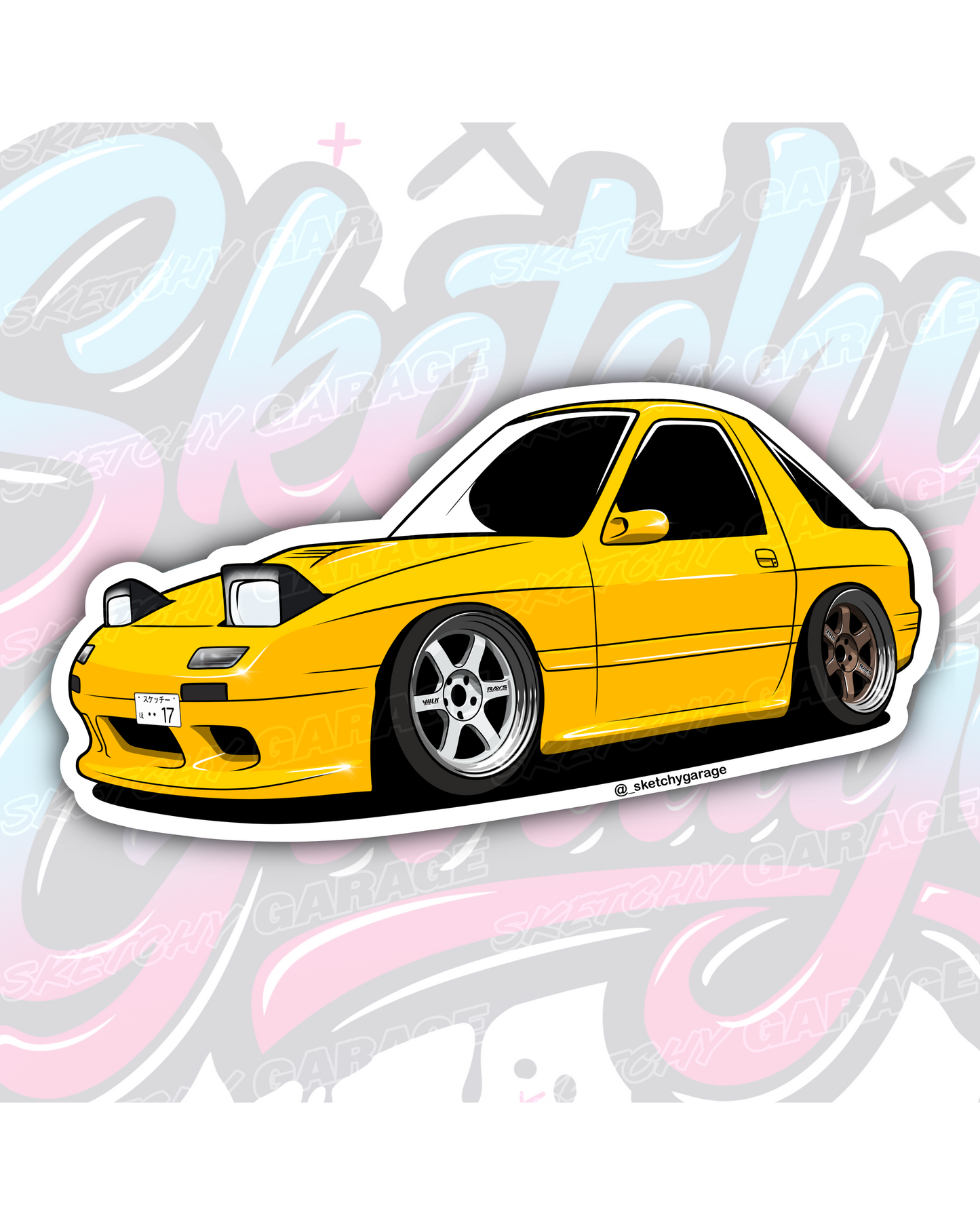 Hand-drawn Mazda FC RX7 rotary vinyl sticker by Sketchy Garage